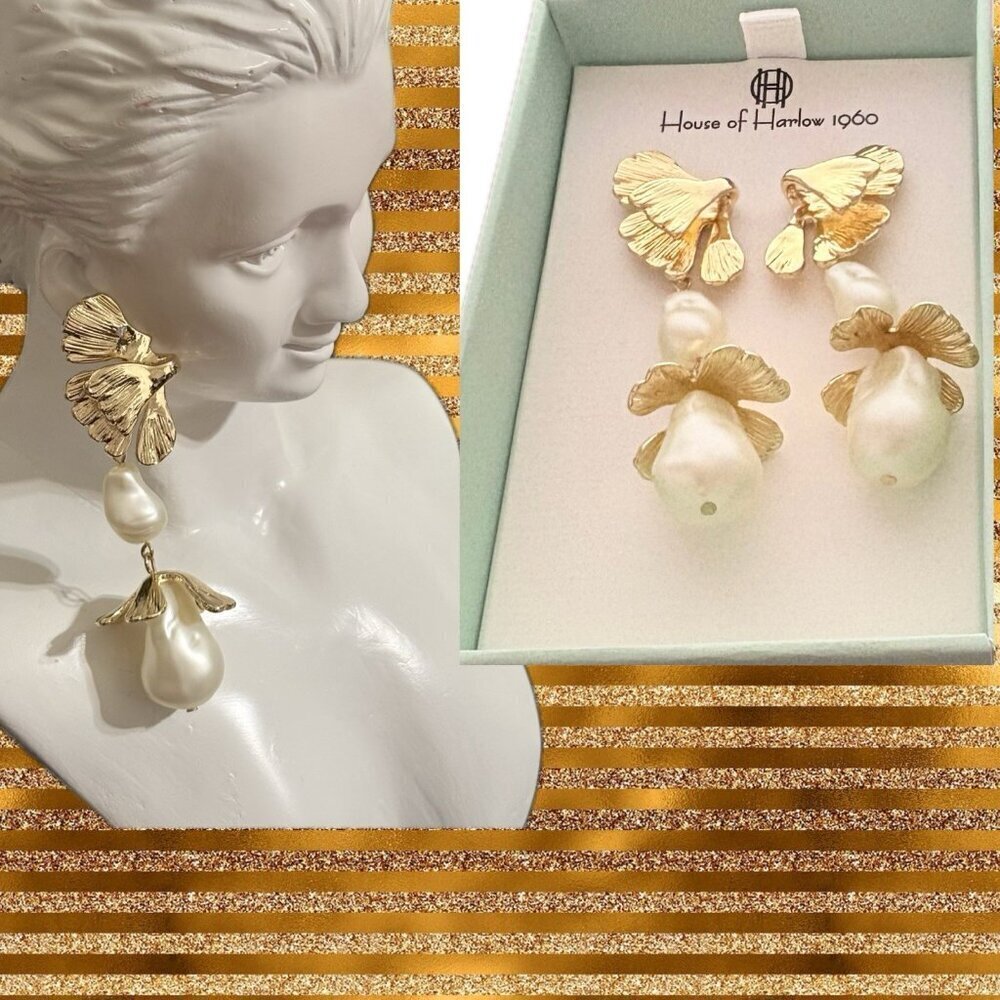 House of Harlow 1960 Gold-Tone Scallop Detail White Faux Pearl Nugget Earrings